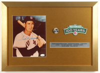 Ted Williams Signed Red Sox Custom Framed Photo Display with Stat Plaque, Fenway Patch, and Vintage 1957 Ted Williams Red Sox Lapel Pin (JSA) at PristineAuction.com