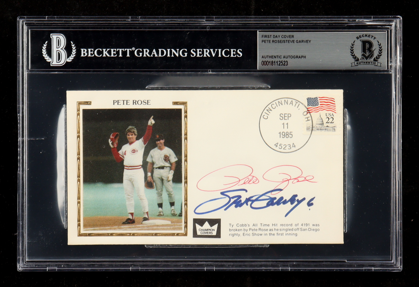 Pete Rose & Steve Garvey Signed 1985 FDC Envelope (Beckett | Auto Grade BGS Authentic) at PristineAuction.com Pete Rose & Steve Garvey Signed 1985 FDC Envelope (Beckett | Auto Grade BGS Authentic) at PristineAuction.com