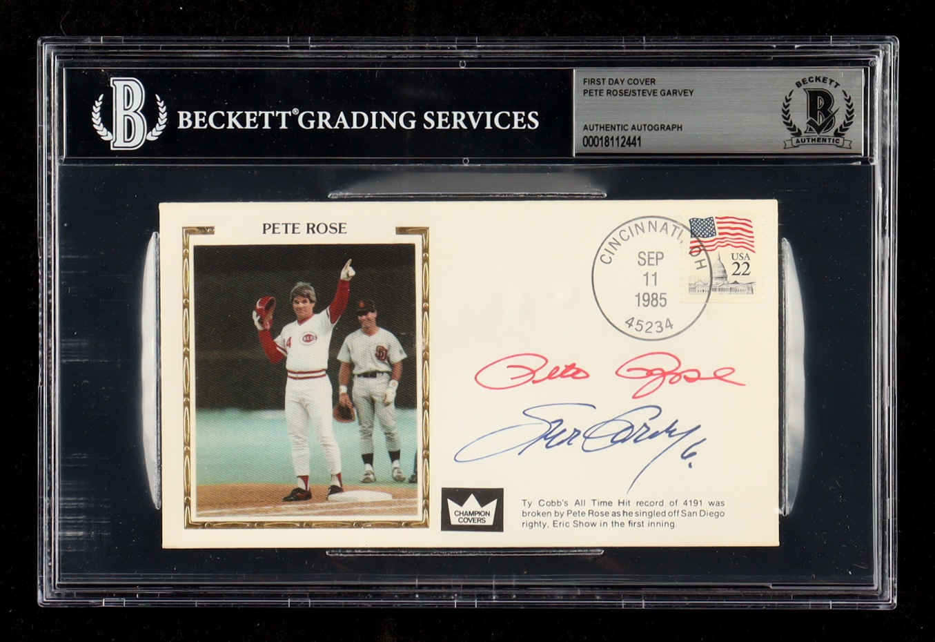 Pete Rose & Steve Garvey Signed 1985 FDC Envelope (Beckett | Auto Grade BGS Authentic) at PristineAuction.com Pete Rose & Steve Garvey Signed 1985 FDC Envelope (Beckett | Auto Grade BGS Authentic) at PristineAuction.com