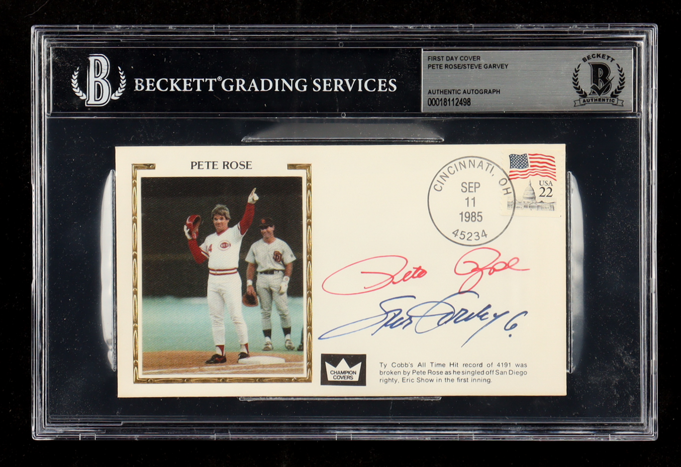 Pete Rose & Steve Garvey Signed 1985 FDC Envelope (Beckett | Auto Grade BGS Authentic) at PristineAuction.com Pete Rose & Steve Garvey Signed 1985 FDC Envelope (Beckett | Auto Grade BGS Authentic) at PristineAuction.com