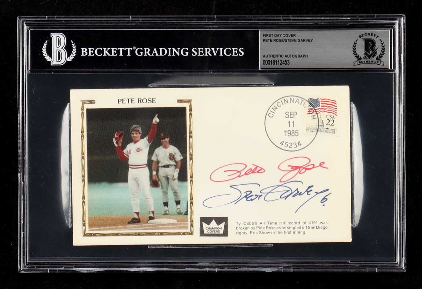 Pete Rose & Steve Garvey Signed 1985 FDC Envelope (Beckett | Auto Grade BGS Authentic) at PristineAuction.com Pete Rose & Steve Garvey Signed 1985 FDC Envelope (Beckett | Auto Grade BGS Authentic) at PristineAuction.com
