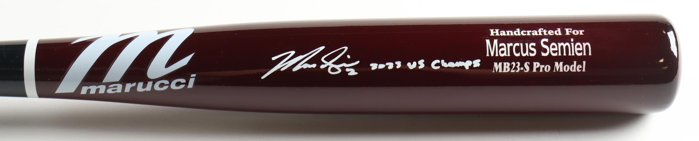 Marcus Semien Signed Marucci Player Model Baseball Bat Inscribed "2023 WS Champs" (Beckett) at PristineAuction.com Marcus Semien Signed Marucci Player Model Baseball Bat Inscribed "2023 WS Champs" (Beckett) at PristineAuction.com