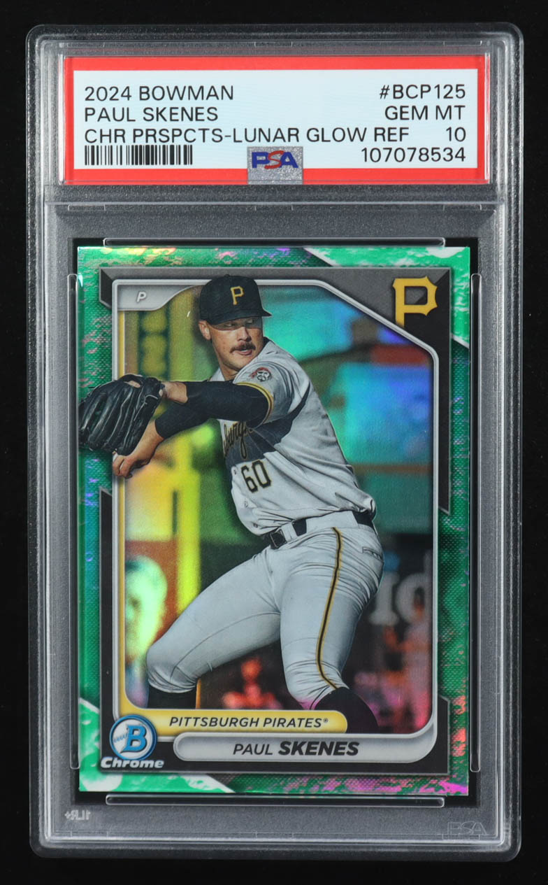 Paul Skenes 2024 Bowman Chrome Prospects Lunar Glow Refractors #BCP125 RC (PSA 10) at PristineAuction.com Paul Skenes 2024 Bowman Chrome Prospects Lunar Glow Refractors #BCP125 RC (PSA 10) at PristineAuction.com