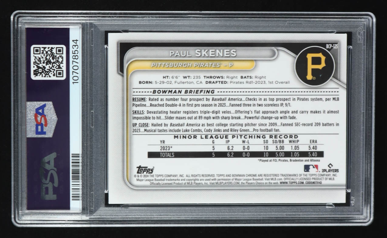 Paul Skenes 2024 Bowman Chrome Prospects Lunar Glow Refractors #BCP125 RC (PSA 10) at PristineAuction.com Paul Skenes 2024 Bowman Chrome Prospects Lunar Glow Refractors #BCP125 RC (PSA 10) at PristineAuction.com