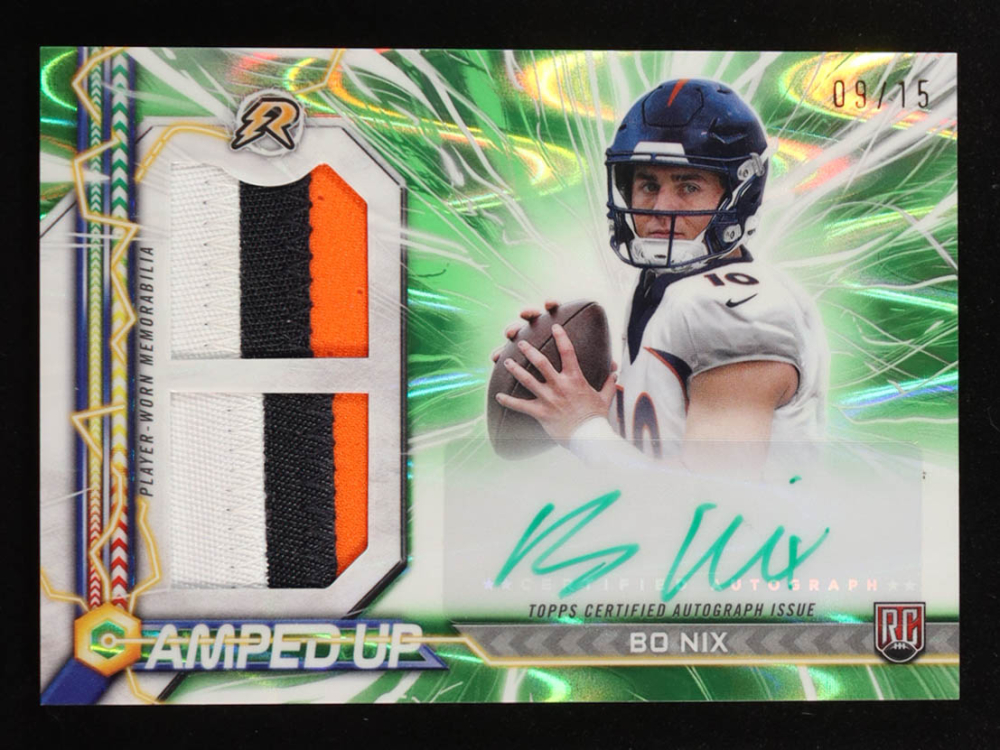 Bo Nix 2024 Topps Resurgence Amped Up Rookie Patch Autographs Lime Green Power Surge #AUBN #09/15 RC