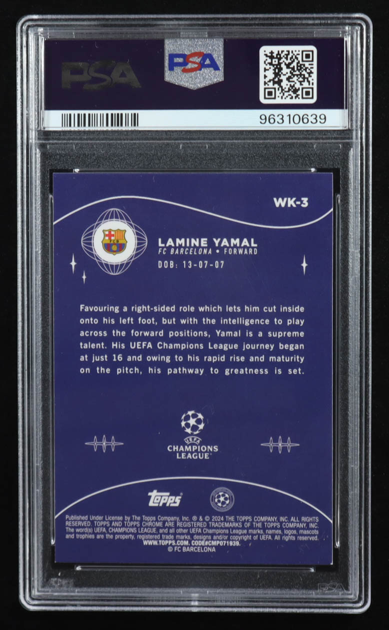 Lamine Yamal 2023-24 Topps Chrome UEFA Club Competitions Wonderkids #WK3 RC (PSA 10) at PristineAuction.com Lamine Yamal 2023-24 Topps Chrome UEFA Club Competitions Wonderkids #WK3 RC (PSA 10) at PristineAuction.com