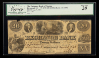 Aug. 9, 1856 Richmond, Virginia The Exchange Bank of Virginia $20 Note (Legacy Very Fine 20) at PristineAuction.com