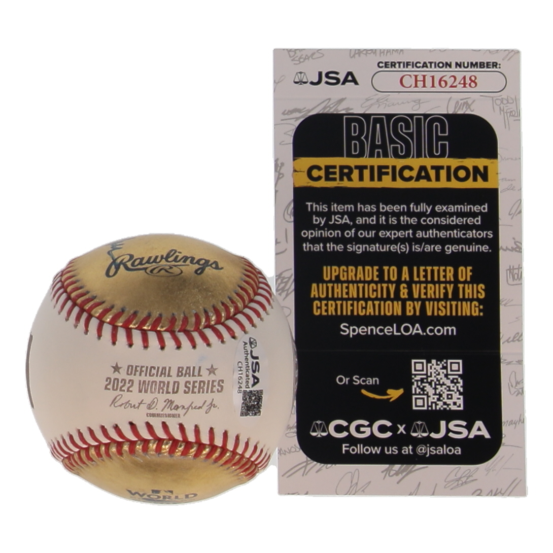 Reggie Jackson Signed 2022 World Series Logo Gold Baseball Inscribed "Mr. October" (JSA) at PristineAuction.com Reggie Jackson Signed 2022 World Series Logo Gold Baseball Inscribed "Mr. October" (JSA) at PristineAuction.com