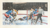 "In The Slot" LE Bruins Vs Rangers Lithograph Art Print Signed By (4) With Phil Esposito, Ed Giacomin, John Bucyk & Vic Hadfield (YSMS) at PristineAuction.com