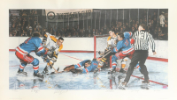 "In The Slot" LE Bruins Vs Rangers Lithograph Art Print Signed By (4) With Phil Esposito, Ed Giacomin, John Bucyk & Vic Hadfield (YSMS) at PristineAuction.com
