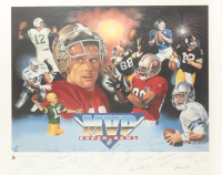 Super Bowl MVPs 28x35 Lithograph Signed By (25) with Bart Starr, Joe Namath, Joe Montana, Troy Aikman (Beckett) at PristineAuction.com