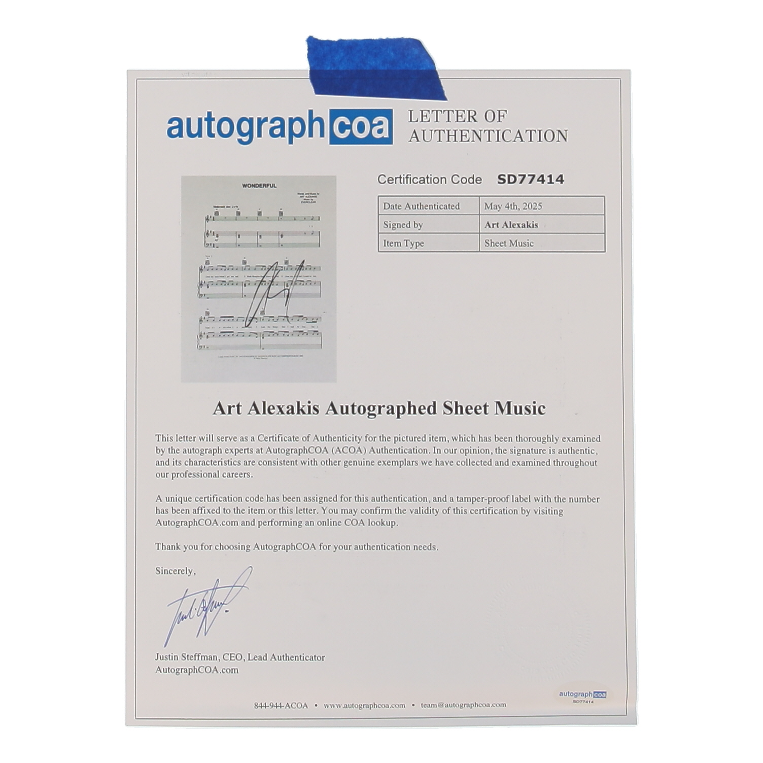 Art Alexakis Signed "Wonderful" 8.5x11 Music Sheet (ACOA) at PristineAuction.com Art Alexakis Signed "Wonderful" 8.5x11 Music Sheet (ACOA) at PristineAuction.com