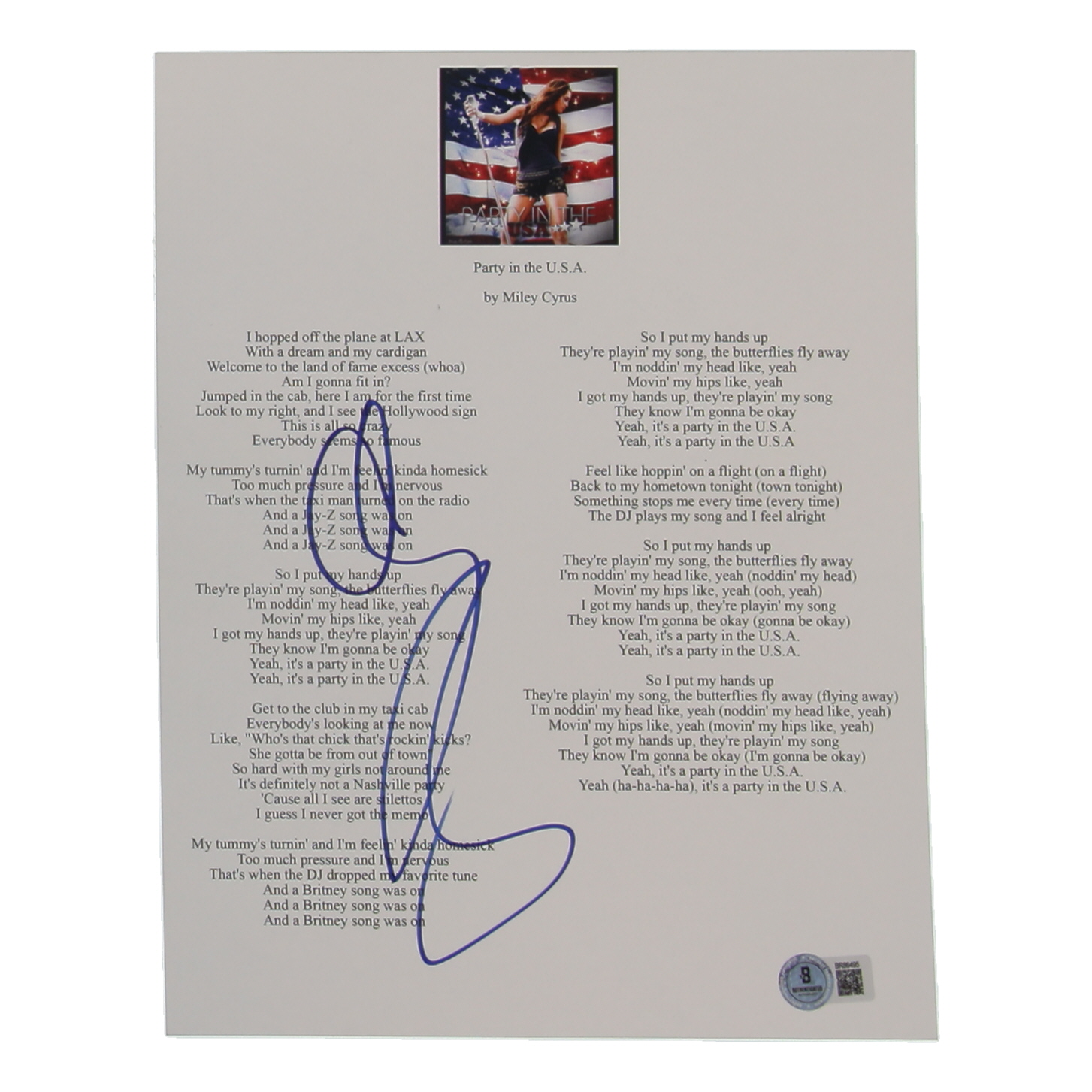 Miley Cyrus Signed "Party in the U.S.A." 8.5x11 Lyric Sheet (Beckett) at PristineAuction.com Miley Cyrus Signed "Party in the U.S.A." 8.5x11 Lyric Sheet (Beckett) at PristineAuction.com