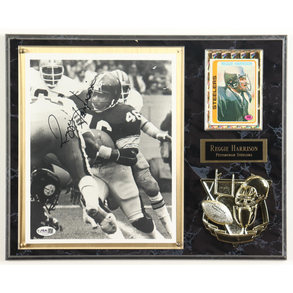 Reggie Harrison Signed Steelers Photo Plaque With 1978 Topps Trading Card (JSA) at PristineAuction.com