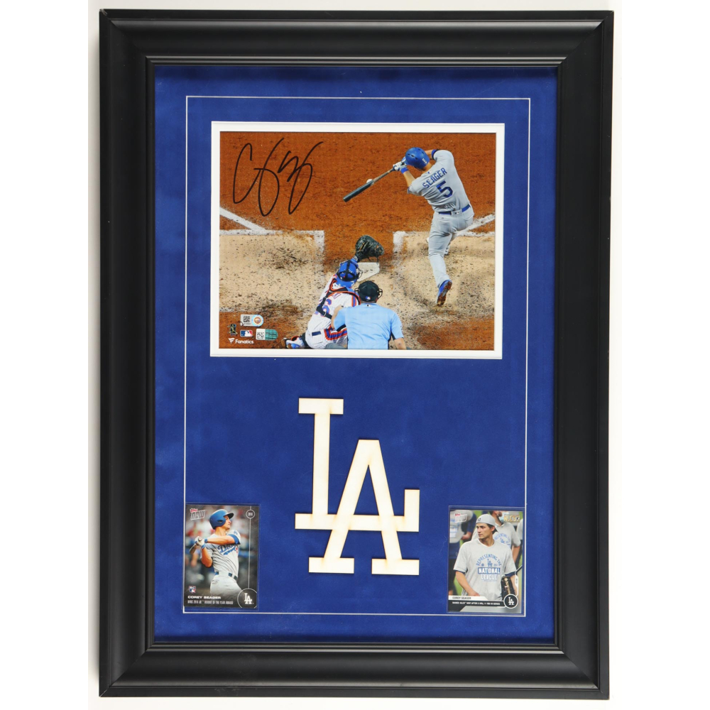 Corey Seager Signed Dodgers Custom Framed Photo Display with (2) Topps Trading Cards (Fanatics & MLB) at PristineAuction.com