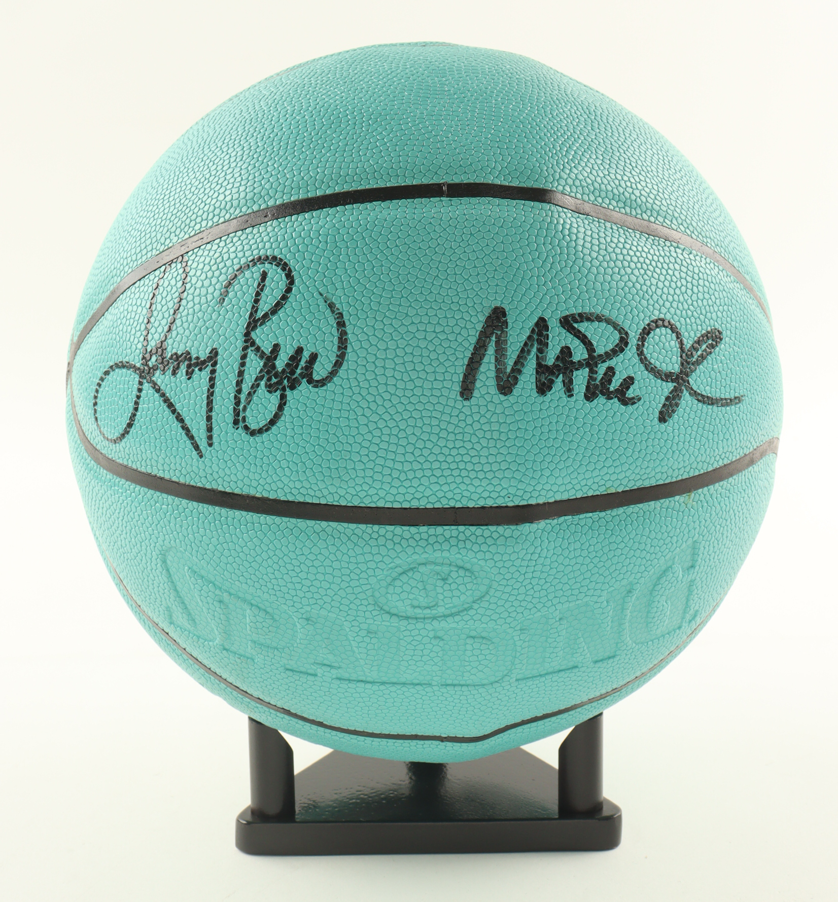 Larry Bird & Magic Johnson Signed Tiffany & Co. x Spalding Basketball with All Wood Stand (Beckett & PSA) at PristineAuction.com Larry Bird & Magic Johnson Signed Tiffany & Co. x Spalding Basketball with All Wood Stand (Beckett & PSA) at PristineAuction.com