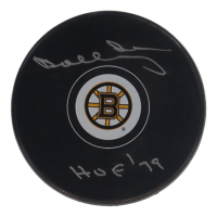 Bobby Orr Signed Bruins Logo Hockey Puck Inscribed "HOF '79" with Display Case (Great North) at PristineAuction.com