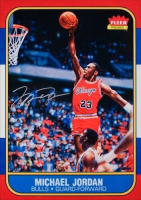 Michael Jordan Signed Bulls "Fleer Rookie Card Blow Up" 12.5x17.5 Photo (UDA) at PristineAuction.com