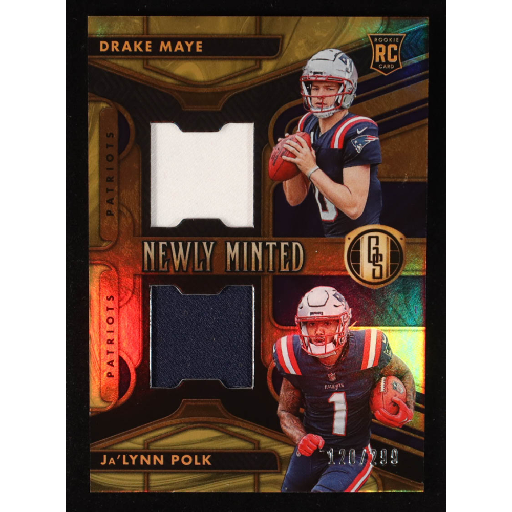 Drake Maye / Ja'Lynn Polk 2024 Panini Gold Standard Newly Minted Memorabilia Duals #2 #120/299 RC at PristineAuction.com