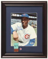 Ernie Banks Signed Cubs Custom Framed Photo Display with Original 1969 Ticket & Cubs Pin (PSA) at PristineAuction.com