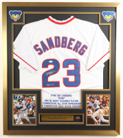 Ryne Sandberg Signed Custom Framed Jersey Display with Stat Plaque & Wrigley Field Pin (JSA) at PristineAuction.com