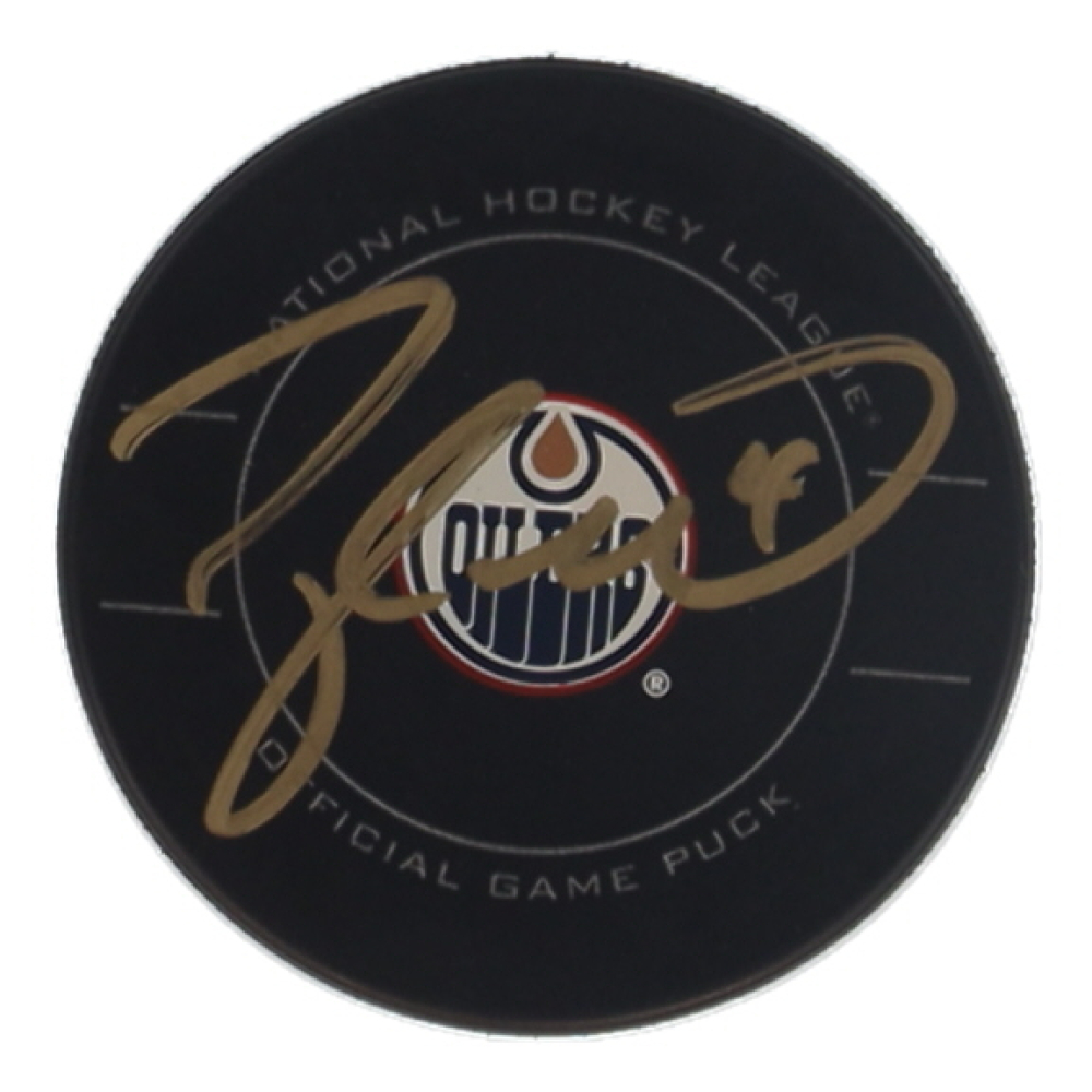 Taylor Hall Signed Oilers Logo Hockey Puck (UDA) at PristineAuction.com