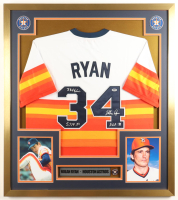 Nolan Ryan Signed Custom Framed Jersey Display with Astros Pin Inscribed "H.O.F. '99" & "5,712 Ks" & "324 Wins" (PSA) at PristineAuction.com