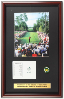 "Tiger Woods on the 18th Tee at the Masters" Custom Framed Photo Display with Official Augusta National Scorecard, Masters Yardage Marker, & Woods Title Plaque at PristineAuction.com