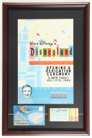 Disneyland "Opening Day" Custom Framed Print Display with Vintage A to E Attraction Ticket Book & 1950s Disneyland Souvenir Postcard Portfolio at PristineAuction.com