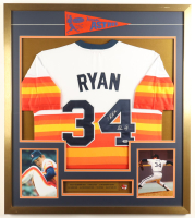Nolan Ryan Signed Custom Framed Jersey Display with with No-Hitters Pin Inscribed "7 No-Hitters" (PSA) at PristineAuction.com
