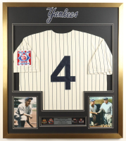 Lou Gehrig Custom Framed Jersey Display with Career Stat Plaque & (4) World Series Pins at PristineAuction.com