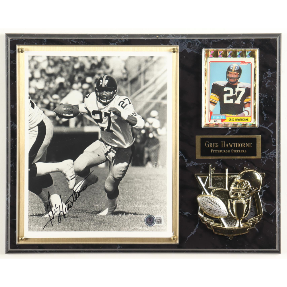 Greg Hawthorne Signed Steelers Photo Plaque With 1981 Topps Trading Card (Beckett) at PristineAuction.com