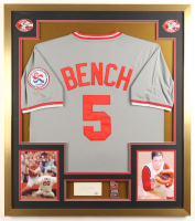 Johnny Bench Signed Custom Framed Cut Display With Jersey, (2) World Series Pins, & (2) Reds Cloth Logo Patches (PSA) at PristineAuction.com