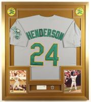 Rickey Henderson Signed Athletics Custom Framed Cut Display With Jersey, Hall of Fame Pin, & (2) Cloth Team Logo Patches (PSA) at PristineAuction.com
