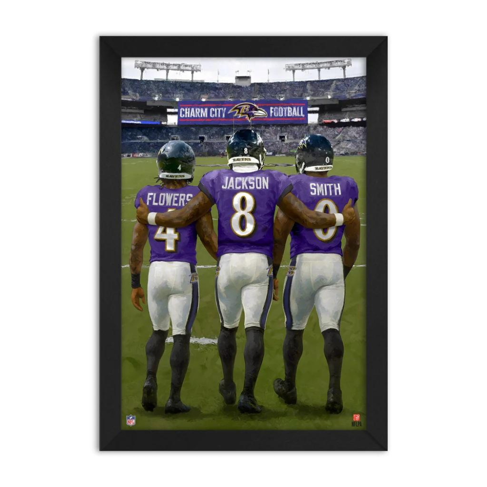 Lamar Jackson, Roquan Smith & Zay Flowers Ravens Custom Framed Art Print at PristineAuction.com Lamar Jackson, Roquan Smith & Zay Flowers Ravens Custom Framed Art Print at PristineAuction.com
