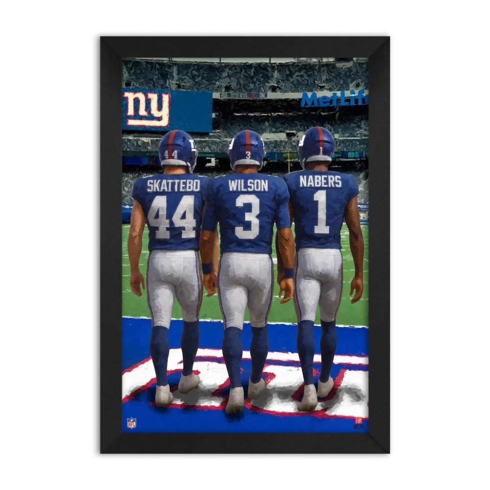 Russell Wilson, Cam Skattebo & Malik Nabers Giants Custom Framed Art Print at PristineAuction.com