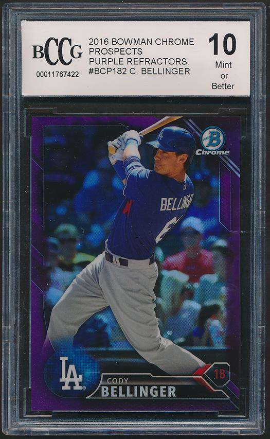 Cody Bellinger 2016 Bowman Chrome Prospects Purple Refractors #BCP182 RC #/250 (BCCG 10) at PristineAuction.com Cody Bellinger 2016 Bowman Chrome Prospects Purple Refractors #BCP182 RC #/250 (BCCG 10) at PristineAuction.com