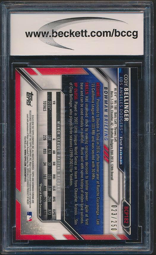 Cody Bellinger 2016 Bowman Chrome Prospects Purple Refractors #BCP182 RC #/250 (BCCG 10) at PristineAuction.com Cody Bellinger 2016 Bowman Chrome Prospects Purple Refractors #BCP182 RC #/250 (BCCG 10) at PristineAuction.com