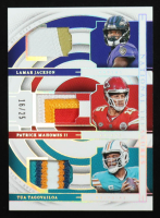 Lamar Jackson / Patrick Mahomes II / Tua Tagovailoa 2023 Panini National Treasures NFL Gear Trio Materials Holo Silver #19 #16/25 at PristineAuction.com