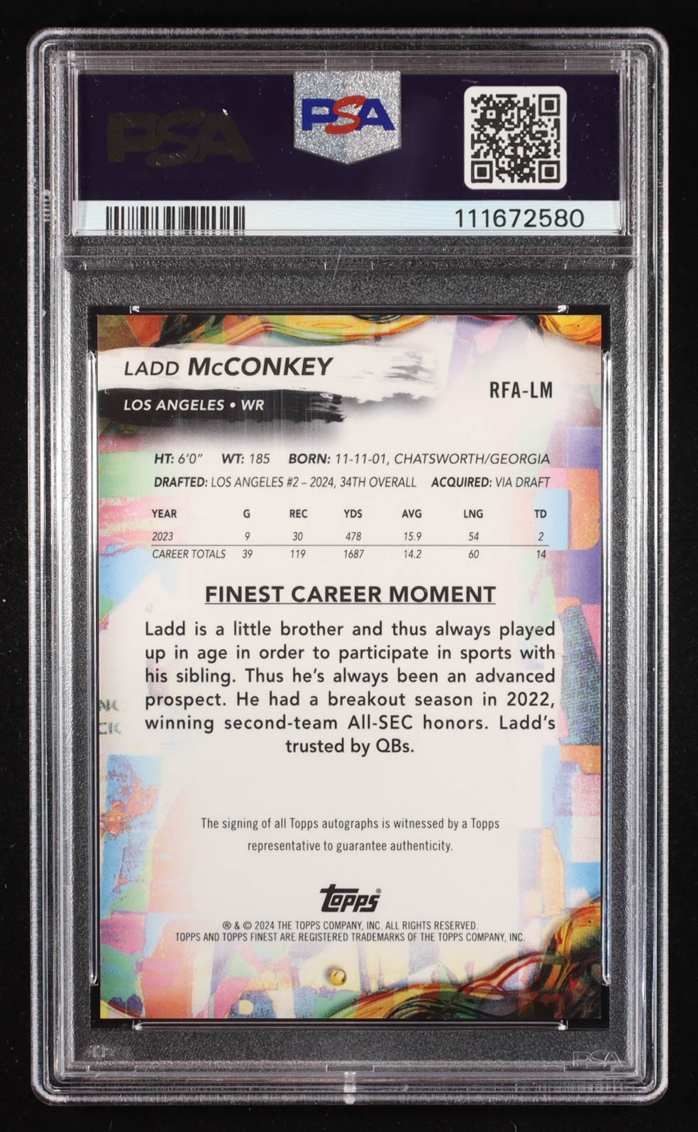 Ladd McConkey 2024 Finest Rookie Autographs #RFALM RC (PSA 10) at PristineAuction.com Ladd McConkey 2024 Finest Rookie Autographs #RFALM RC (PSA 10) at PristineAuction.com
