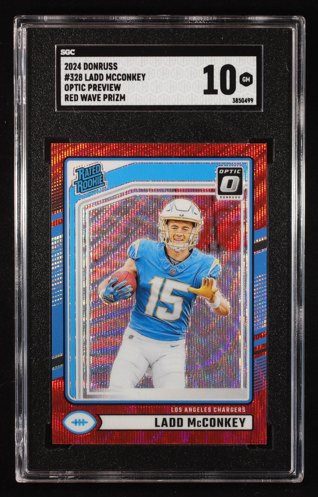 Ladd McConkey 2024 Donruss Optic Rated Rookies Preview Red Wave #328 RC (SGC 10) at PristineAuction.com Ladd McConkey 2024 Donruss Optic Rated Rookies Preview Red Wave #328 RC (SGC 10) at PristineAuction.com