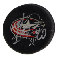Elvis Merzlikins Signed Blue Jackets Logo Hockey Puck (JSA) at PristineAuction.com