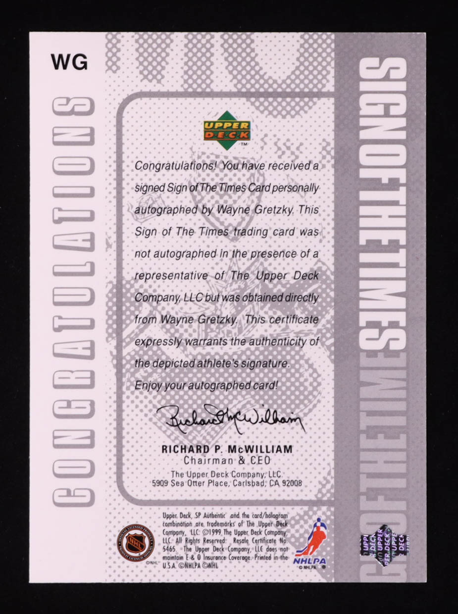 Wayne Gretzky 1999-00 SP Authentic Sign of the Times #WG at PristineAuction.com Wayne Gretzky 1999-00 SP Authentic Sign of the Times #WG at PristineAuction.com