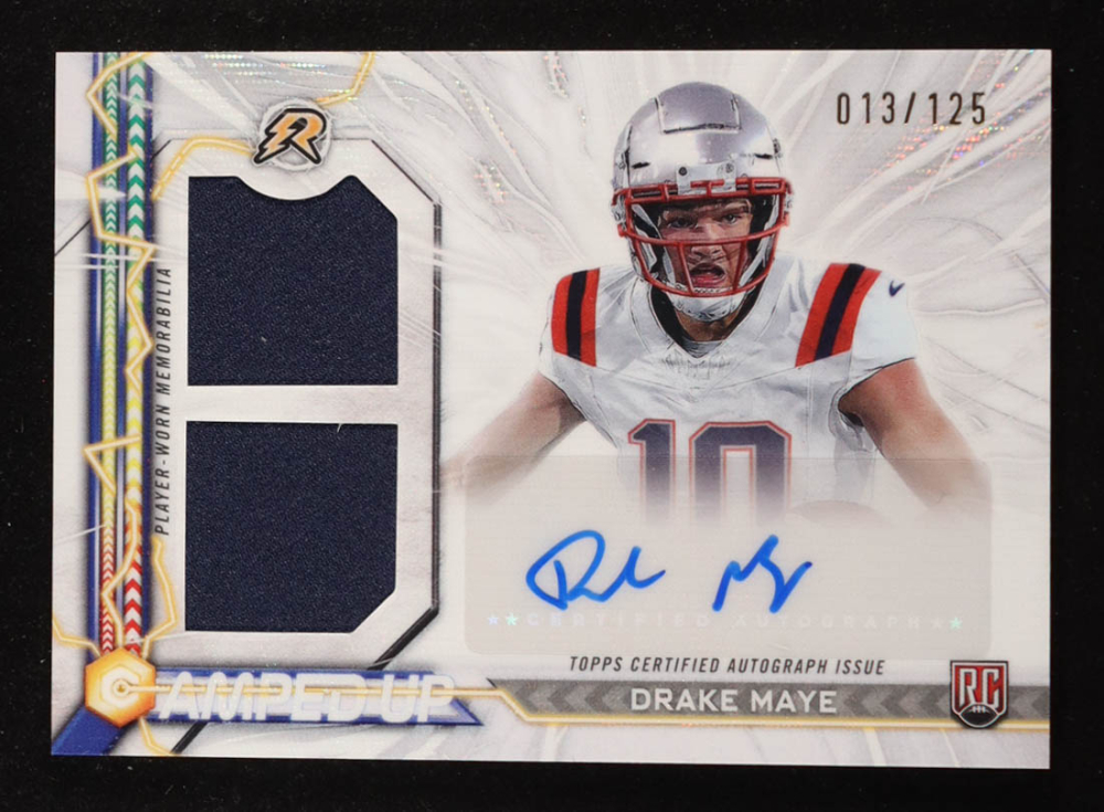 Drake Maye 2024 Topps Resurgence Amped Up Rookie Patch Autographs White Surge #AUDM RC #013/125