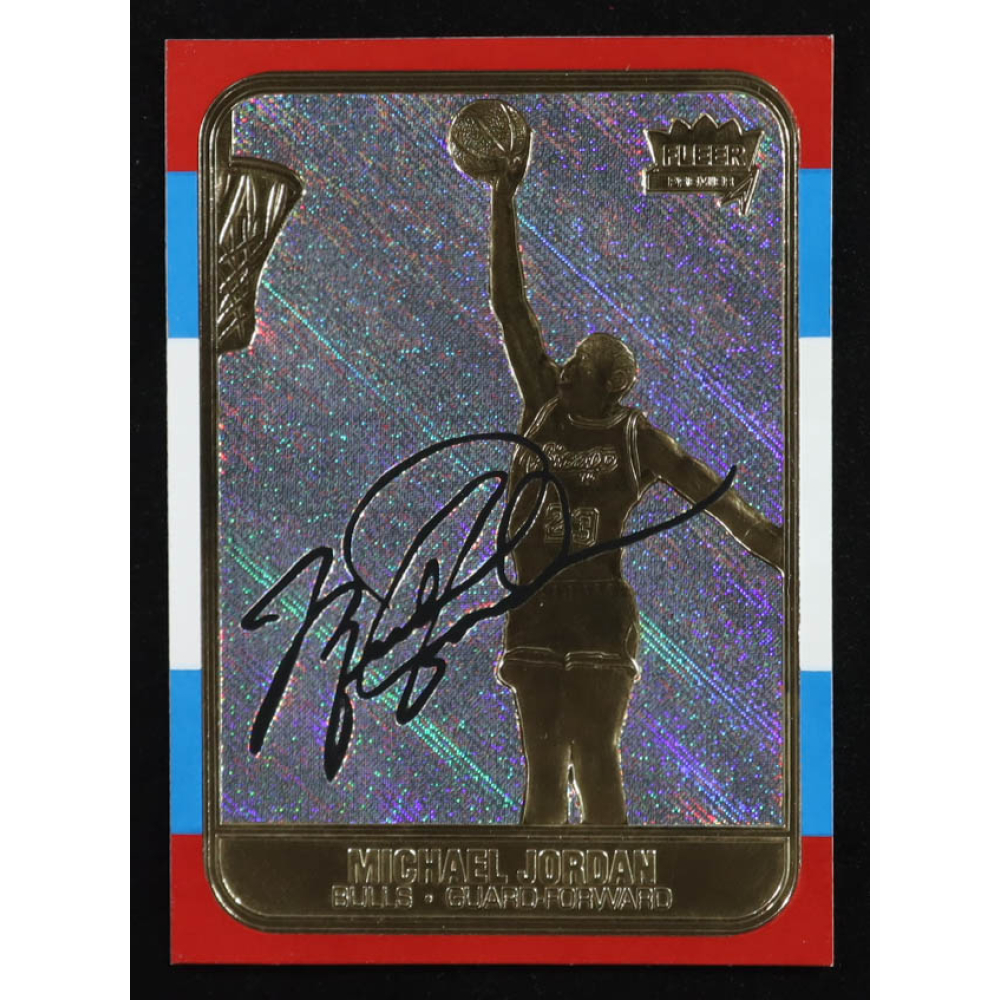 Michael Jordan 1997 Fleer Premier Signature Series Holo Prism Refractor 23Kt Gold Card at PristineAuction.com