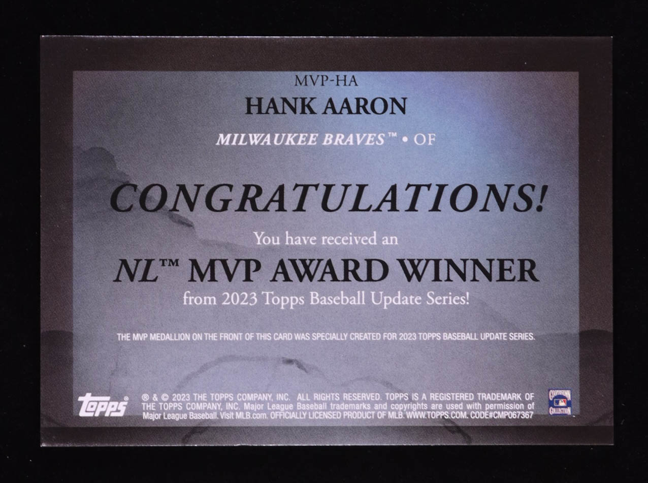 Hank Aaron 2023 Topps Update MVP Medallions #MVPHA at PristineAuction.com Hank Aaron 2023 Topps Update MVP Medallions #MVPHA at PristineAuction.com