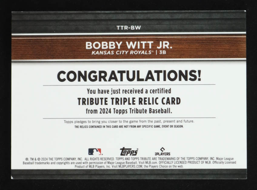 Bobby Witt Jr. 2024 Topps Tribute Triple Relics #TTRBW #158/199 at PristineAuction.com Bobby Witt Jr. 2024 Topps Tribute Triple Relics #TTRBW #158/199 at PristineAuction.com