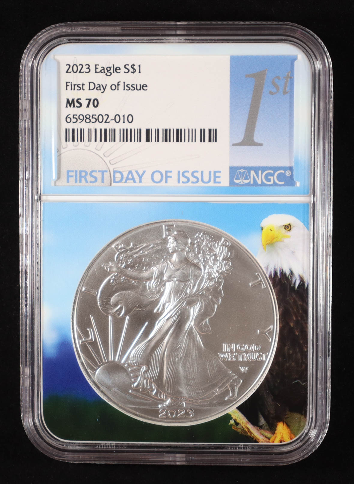 2023 American Silver Eagle, First Day of Issue - Bald Eagle Core (NGC MS70) at PristineAuction.com 2023 American Silver Eagle, First Day of Issue - Bald Eagle Core (NGC MS70) at PristineAuction.com