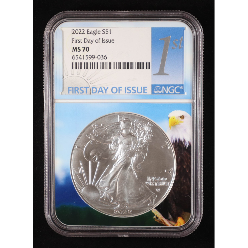 2022 American Silver Eagle, First Day of Issue - Bald Eagle Core (NGC MS70) at PristineAuction.com