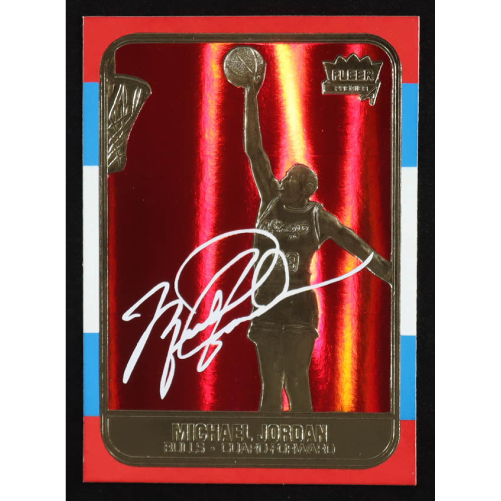 Michael Jordan 1997 Fleer Premier Signature Series Red Holo Refractor 23Kt Gold Card at PristineAuction.com